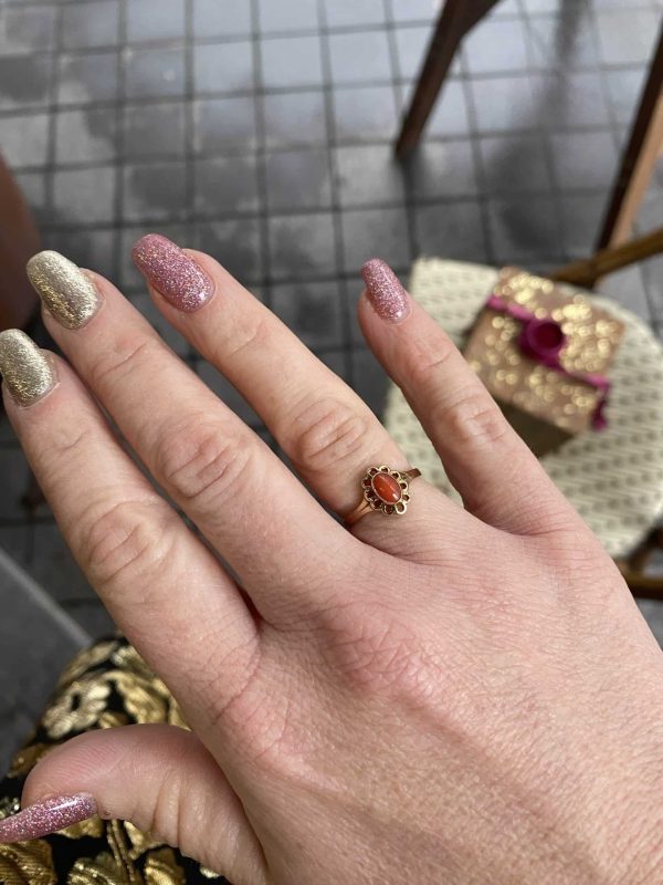 9k vintage gouden ring met bloedkoraal - Afbeelding 3
