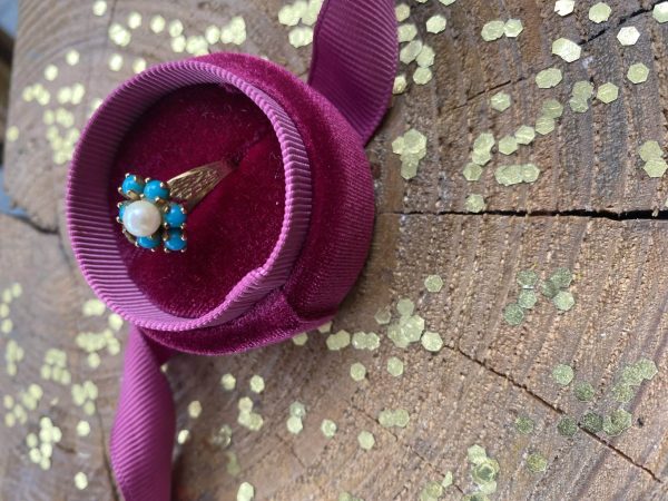9k vintage gouden ring met parel en turkoois - Afbeelding 5