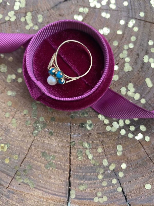 9k vintage gouden ring met parel en turkoois - Afbeelding 6