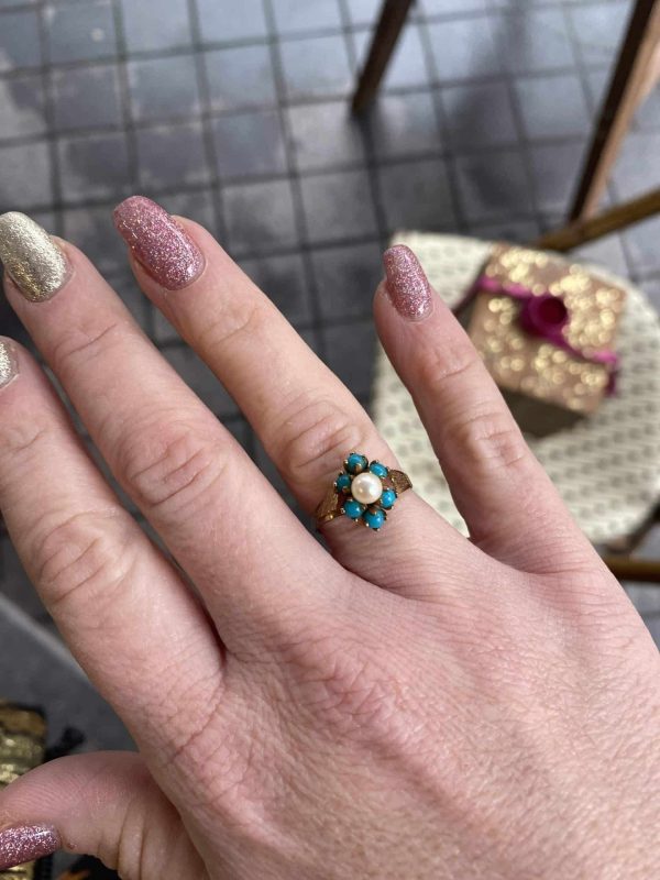 9k vintage gouden ring met parel en turkoois - Afbeelding 3