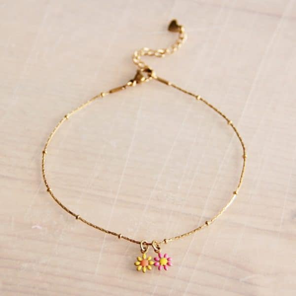 stainless steel fijn enkelbandje met 2 mini bloemetjes - roze/geel