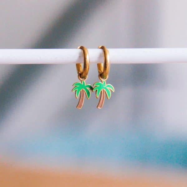 RVS oorring met palmboom - groen/beige