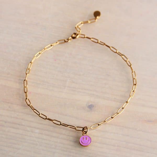 RVS d-chain enkelbandje met smiley - roze/goud
