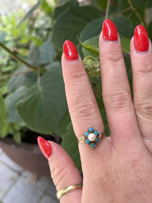 9k vintage gouden ring met parel en turkoois - Afbeelding 2