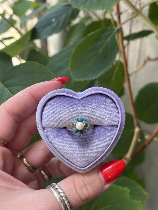 9k vintage gouden ring met parel en turkoois